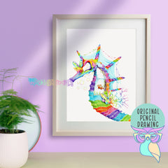 Opal Aura | Coral Seahorse | Original Drawing