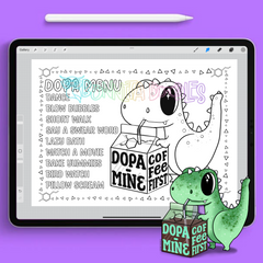 Coloring page with panda character, word list, and bubble-bordered doodle lettering