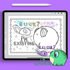 Coloring page with outlined monster, large 'EXISTING' lettering, and bubble doodles