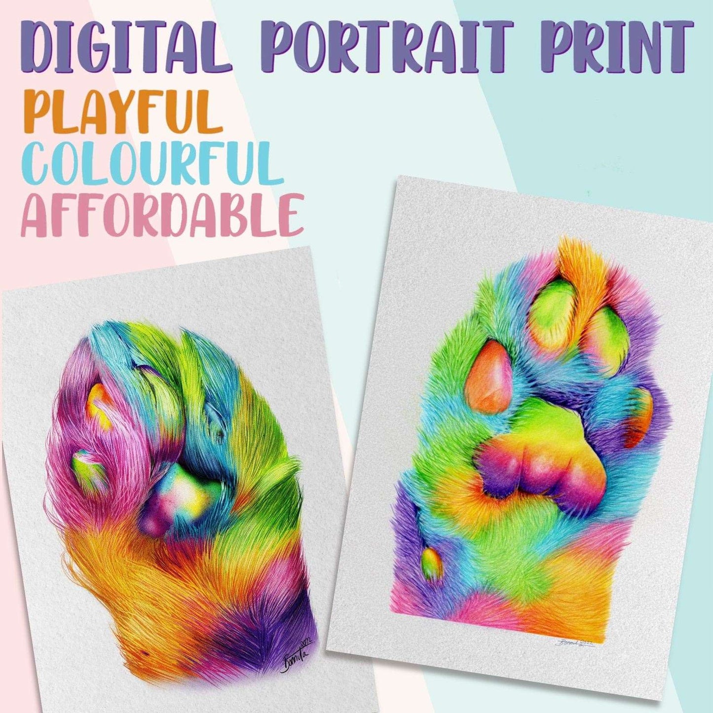 Custom digital pet or PAW portrait - rainbow art