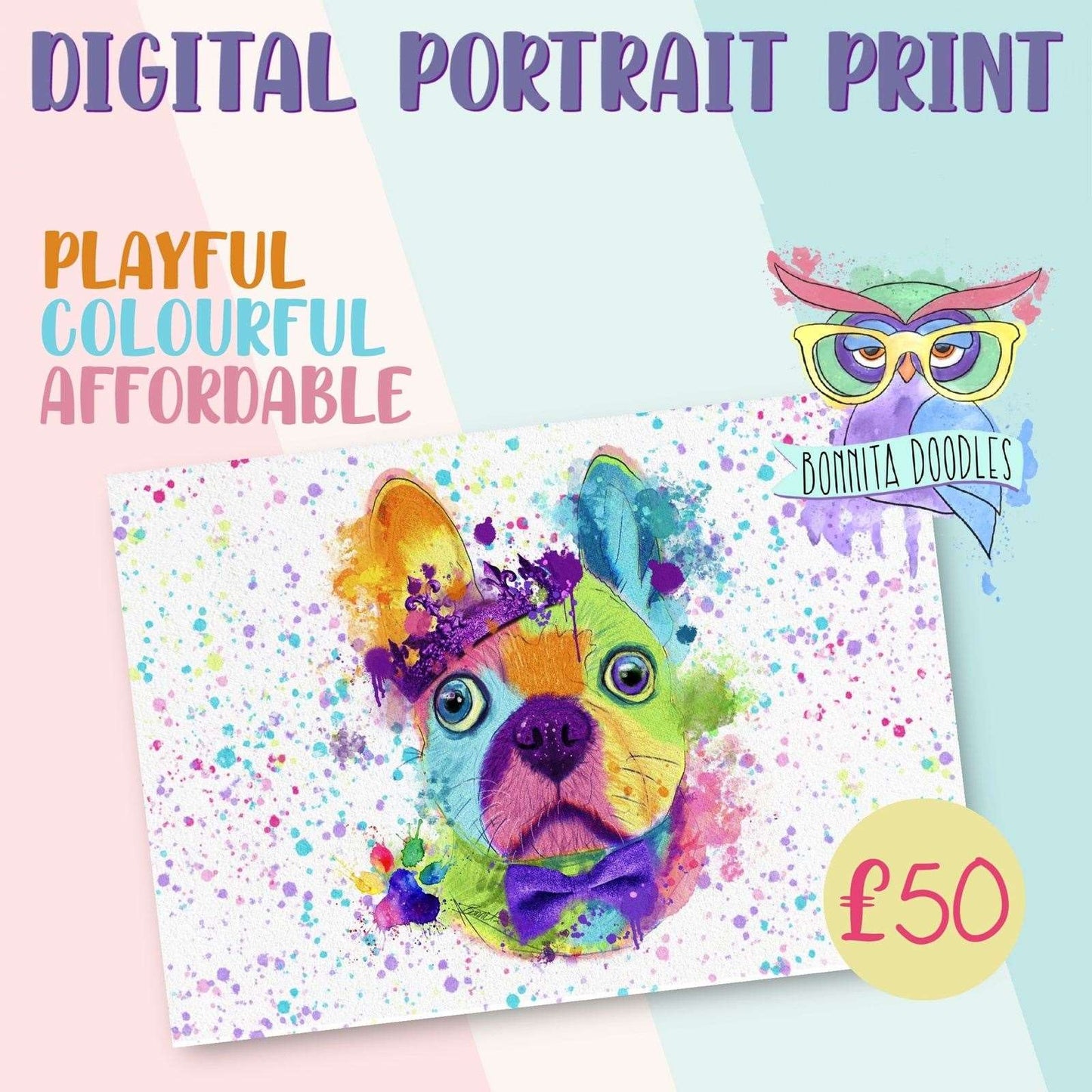 Custom digital pet or PAW portrait - rainbow art