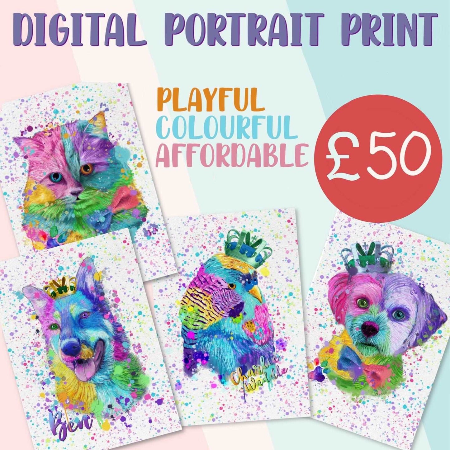 Custom digital pet or PAW portrait - rainbow art