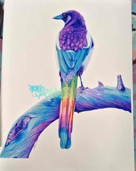 Steampunk bird art print perched on a blue, wave-like branch
