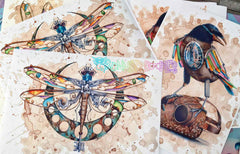 Steampunk butterfly and raven art prints with rainbow wings and brass details