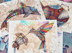 Steampunk insect and bird art prints with rainbow wings, layered on paper