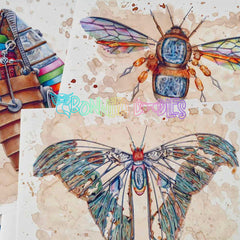 Steampunk butterfly and clockwork bird art print with blue and rainbow wings