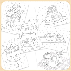 Summer Snax colouring sheets set with multiple black-and-white doodle designs, ice creams and snacks