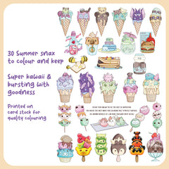 Summer Snax colouring pack back with 30 cute snack character illustrations on cardstock