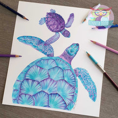 Sea turtle, mummy & baby - Sapphire Series. Home art print