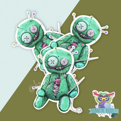 Set of green voodoo doll vinyl stickers, stitched faces with pinprick dots and needles