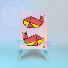 Geometric Koi fish x 2 origami drawing on a pink card with a blue background. ACEO