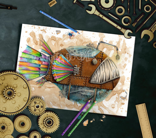 Original drawing Angler fish Steampunk ocean - art home decor