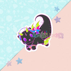 Sticker of a black cat with colorful accessories on a pastel background with 'Bonnie Doodles' branding.