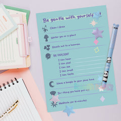 Pastel motivational list card with purple title, teal stars, and self-care checklist