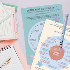 Burnout cycle & recovery worksheet pages with diagrams and star accents