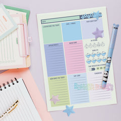 Neurodivergent day tracking planner pages with colorful sections and star stickers