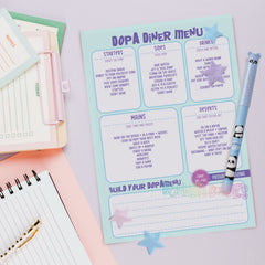 Printed diner menu card with illustrated sections in blue and purple text