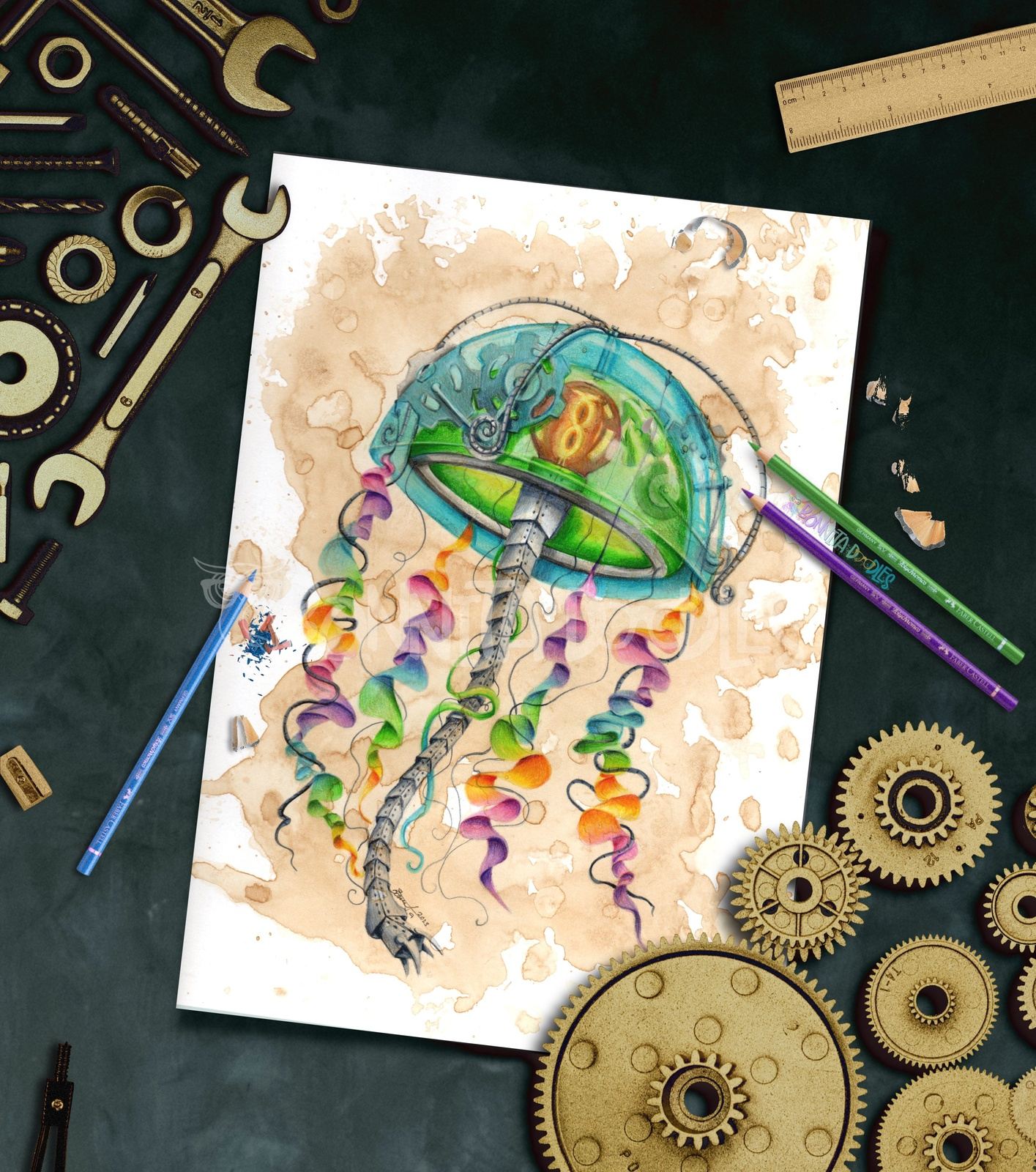 Original drawing Jellyfish Steampunk ocean - art home decor