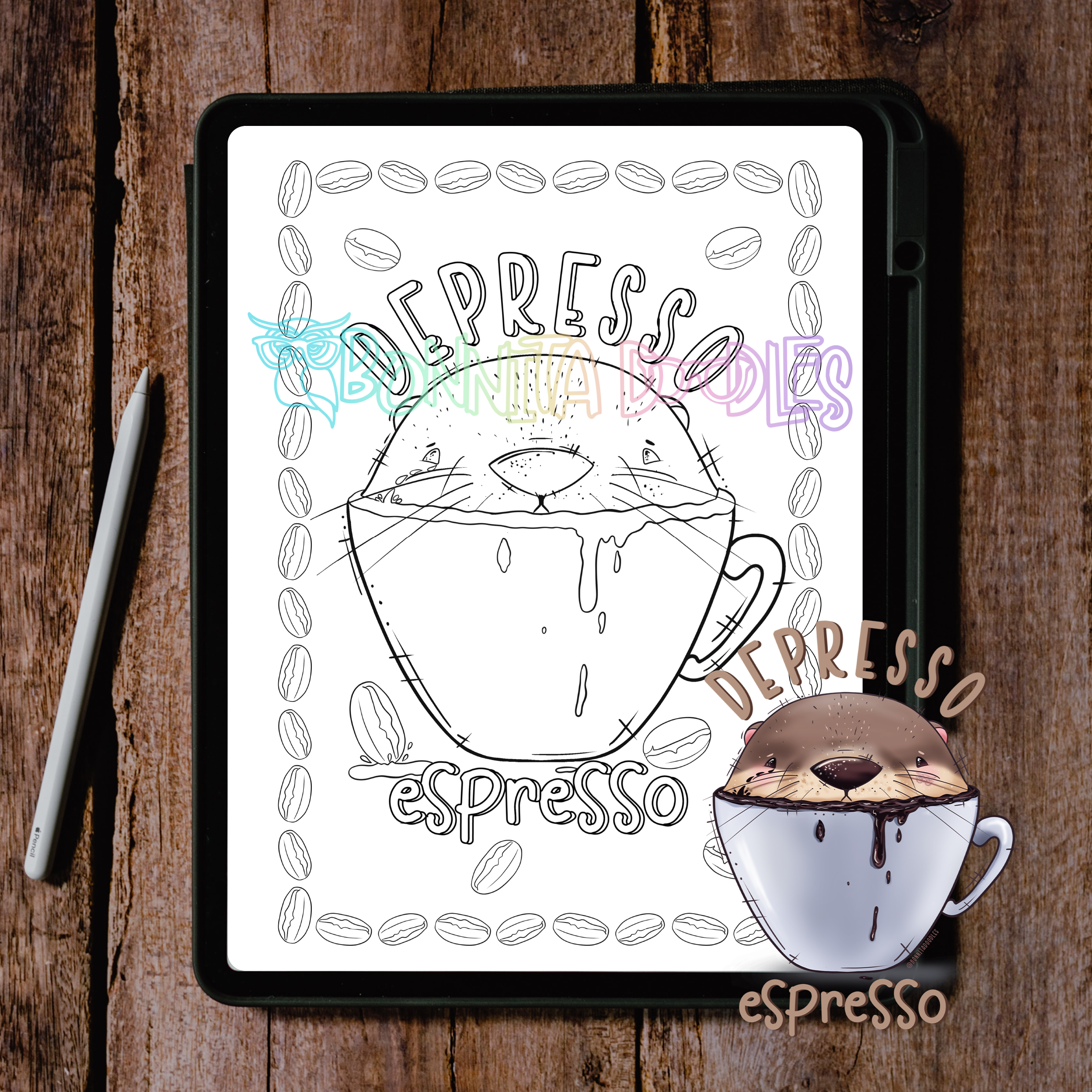 Depresso Expresso mental health colouring sheet. Depression and chronic illness, neurodiversity relatable colouring sheet of an otters head in a coffee cup.