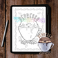 Depresso Expresso mental health colouring sheet. Depression and chronic illness, neurodiversity relatable colouring sheet of an otters head in a coffee cup.
