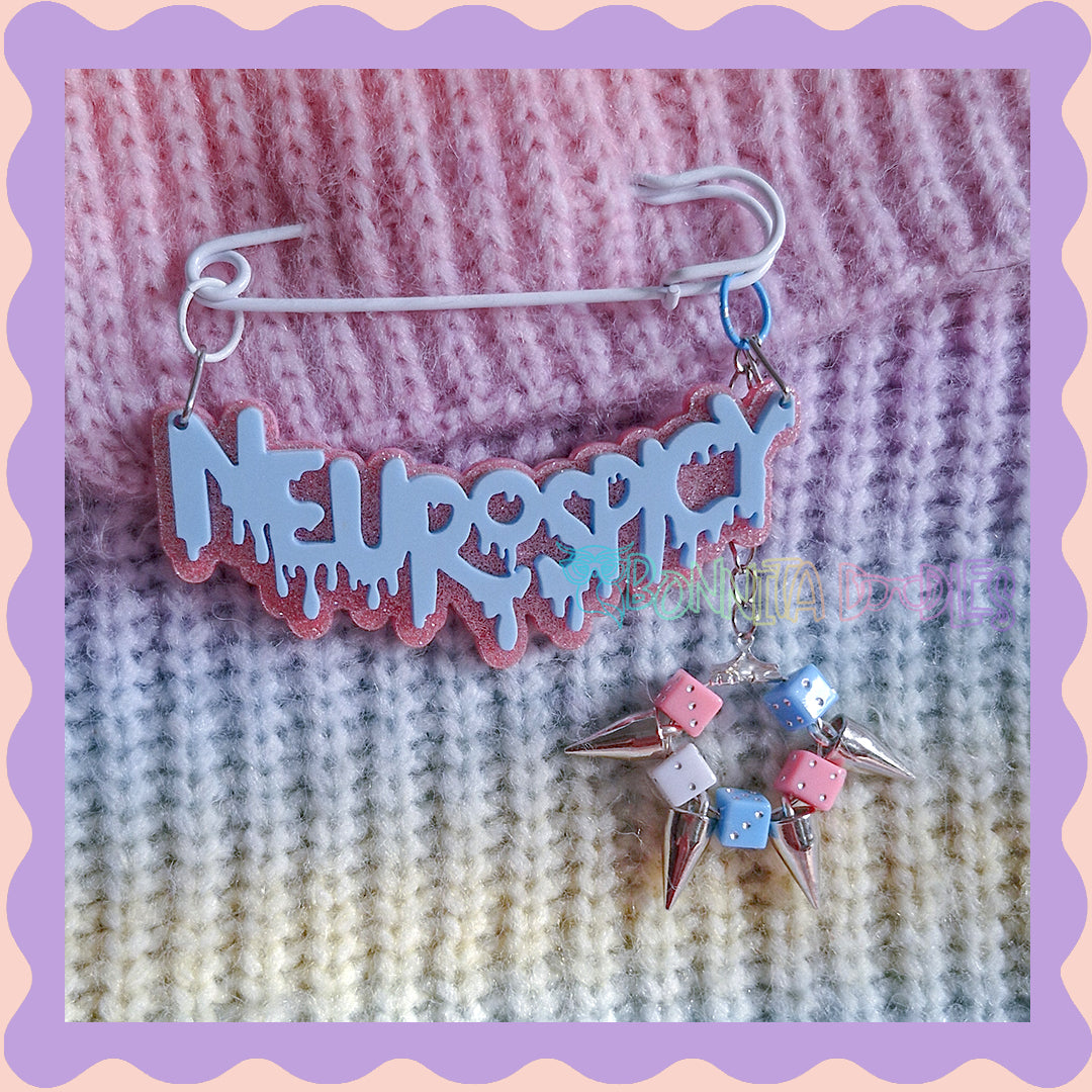 Blue & Pink Glitter | Neurospicy | Handmade 75mm white pin