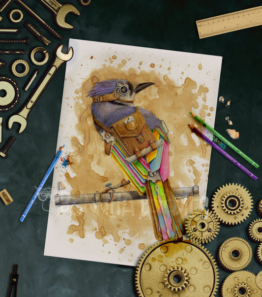 Original drawing Blue Jaybird Steampunk air - art home decor