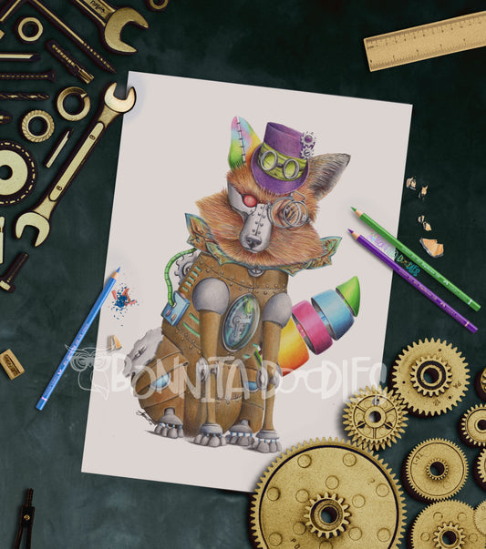 Original drawing Fox Steampunk land- art home decor
