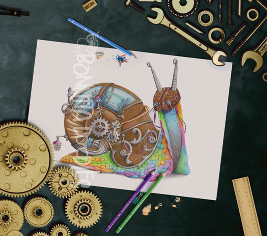 Original drawing Snail Steampunk land- art home decor
