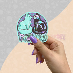 Large vinyl sticker with cartoon cat and skeleton hugging, purple accent outline