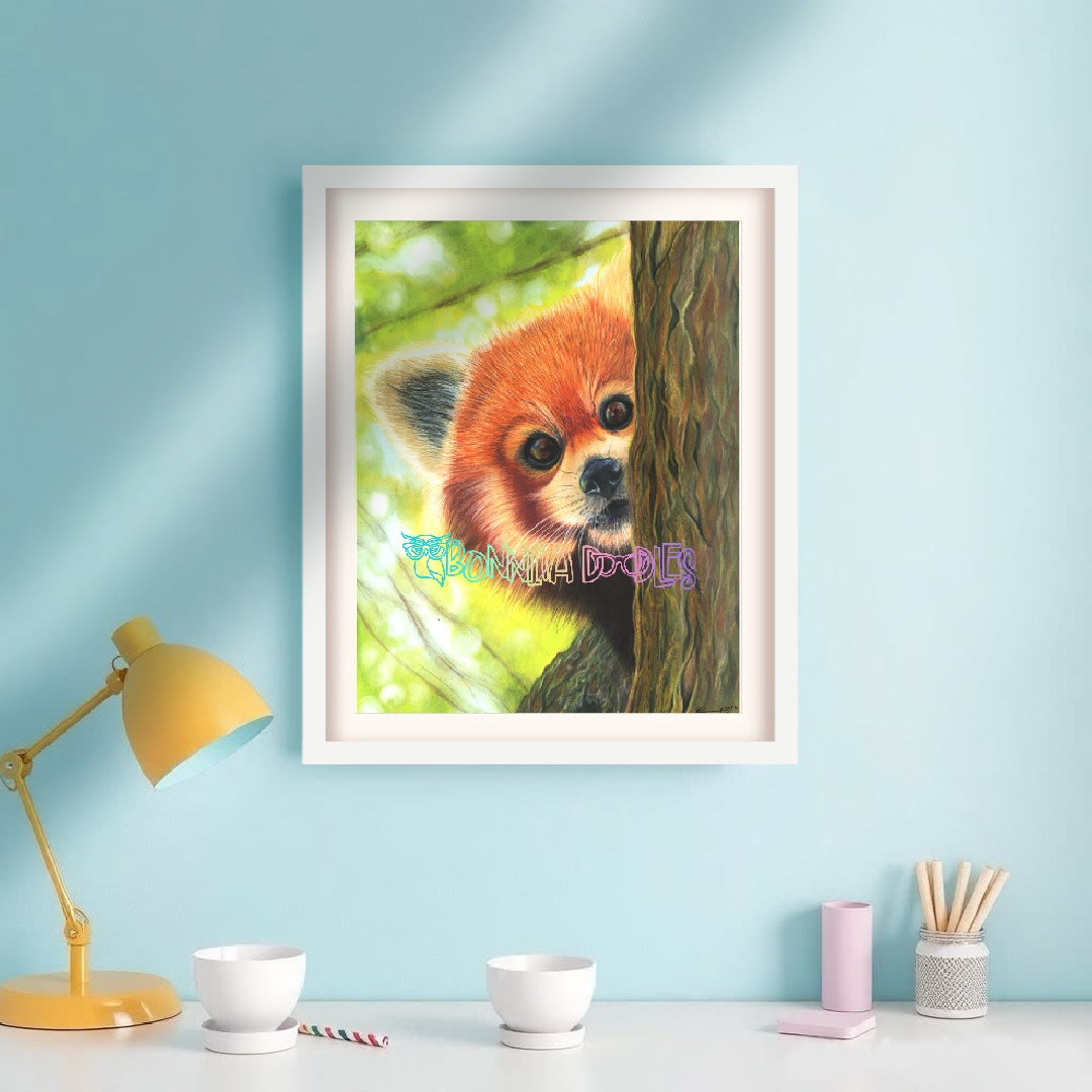 Red Peeking Panda - pastel drawing