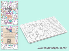 Coming soon Feelin It Sweary Colouring Pack promo showing the front cover, back cover and colouring sheet of a creature drinking and the phrase drink fucker! 