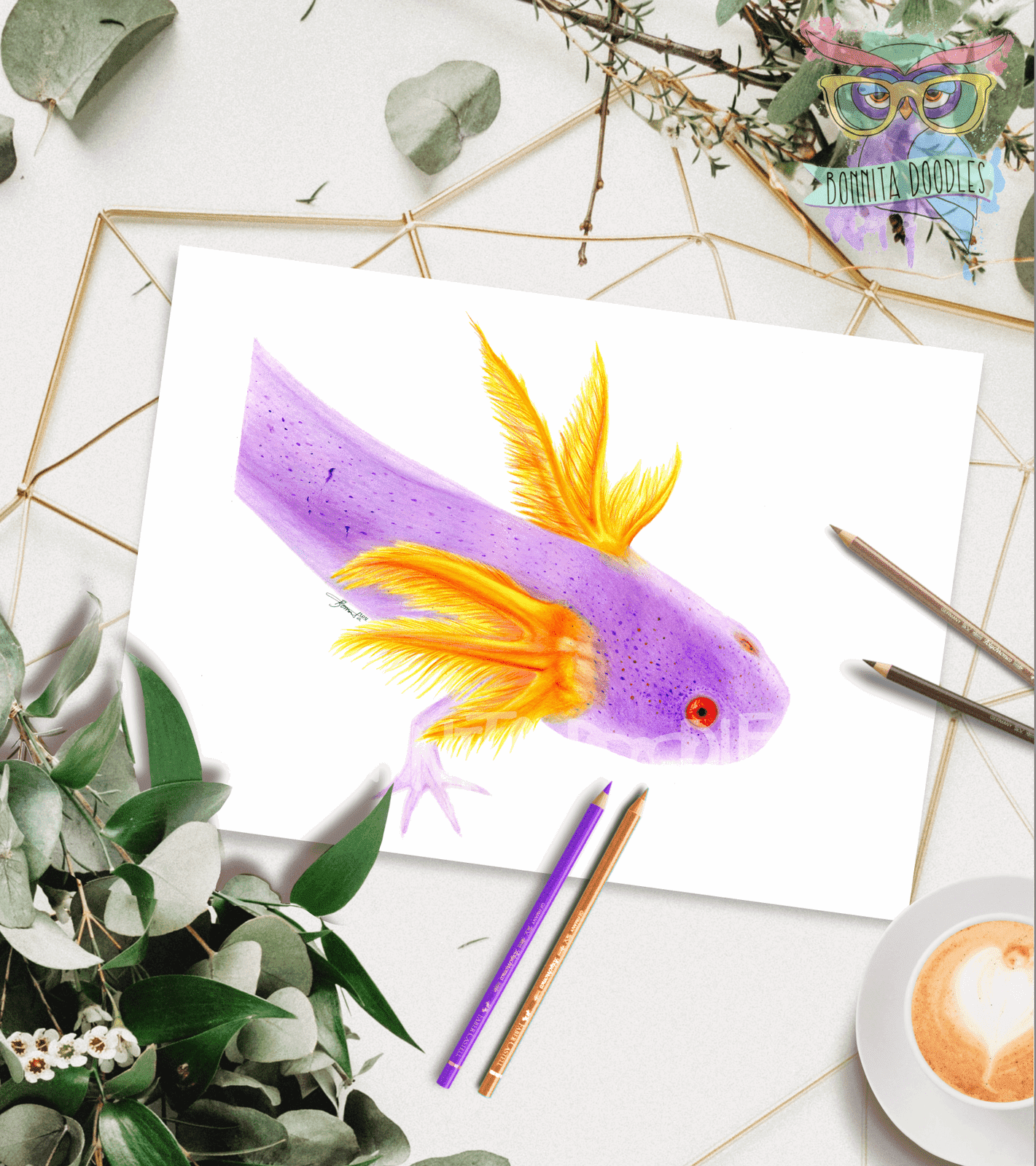 Amethyst Axolotl - art print, home decor
