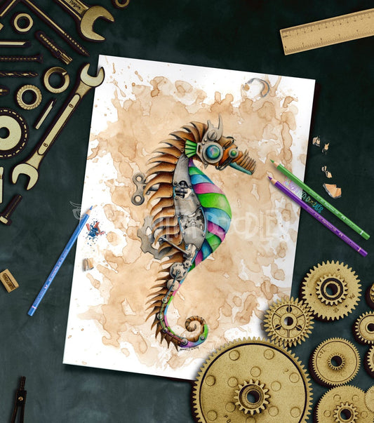 Original drawing Seahorse Steampunk ocean - art home decor