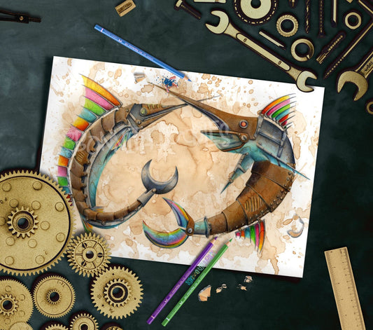 Swordfish Steampunk ocean - art home decor print