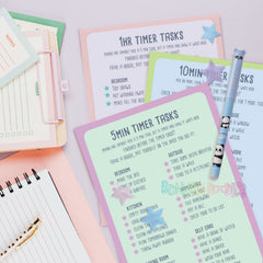 Timer task sheets set with colorful pastel cards and handwritten-style task prompts
