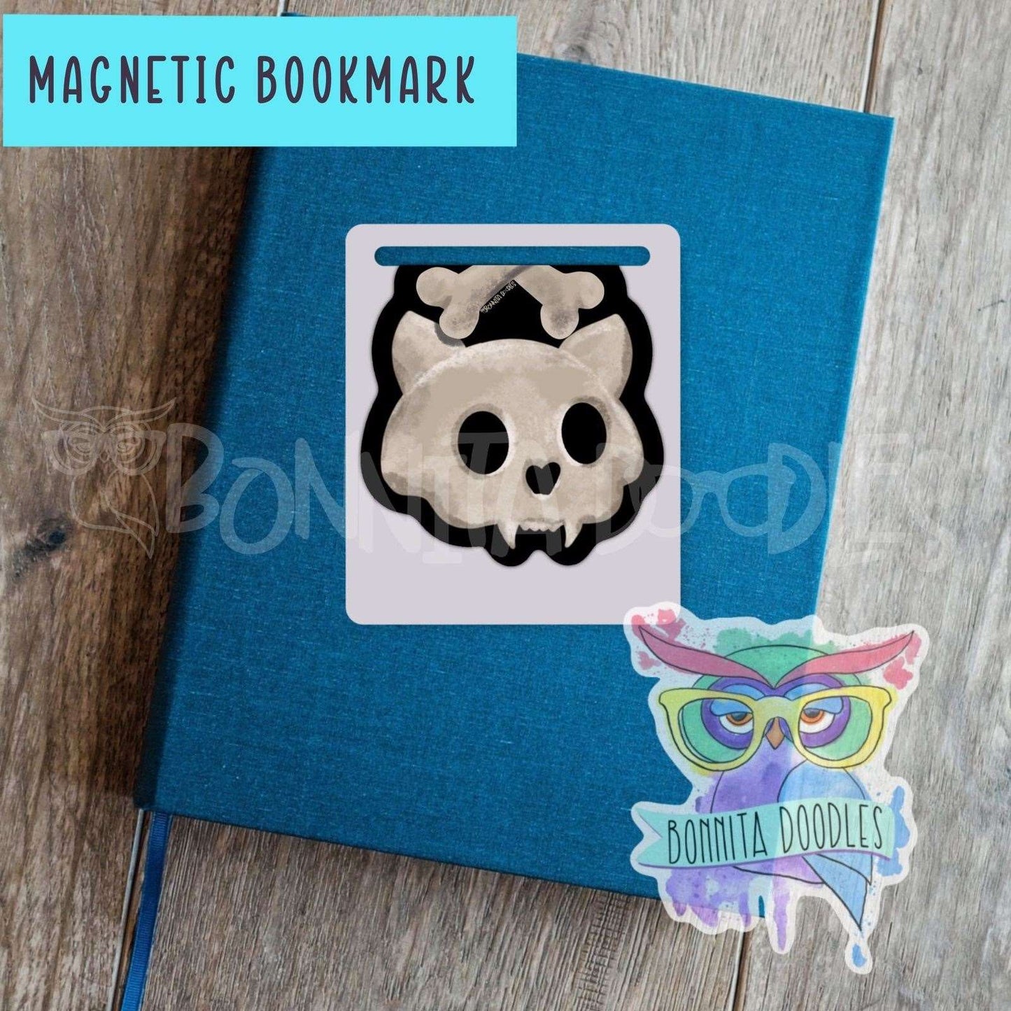 Kawaii cat skull & bones lovers magnetic bookmark - the perfect gift