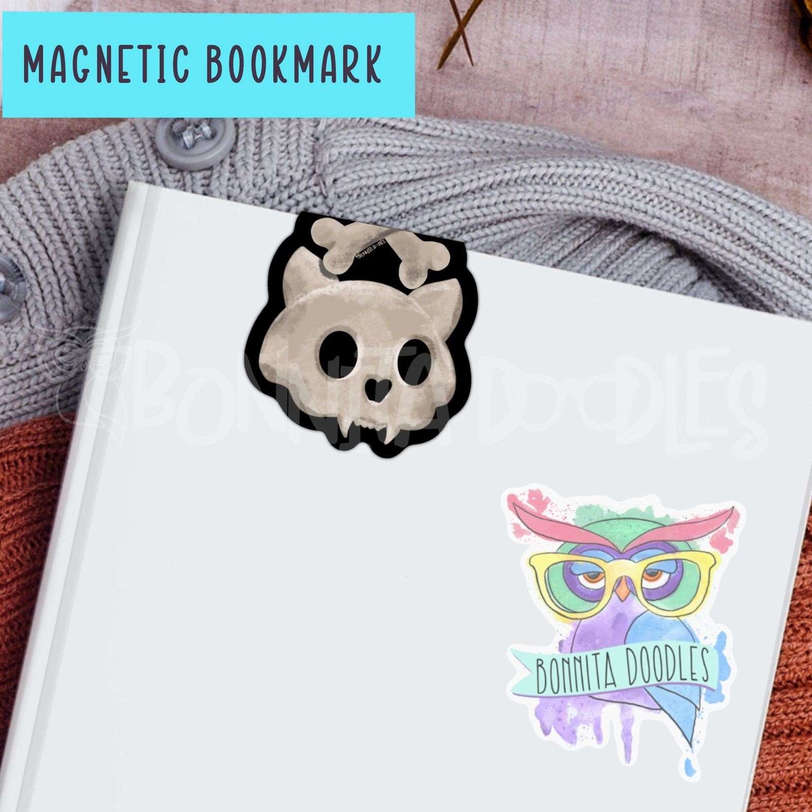 Kawaii cat skull & bones lovers magnetic bookmark - the perfect gift