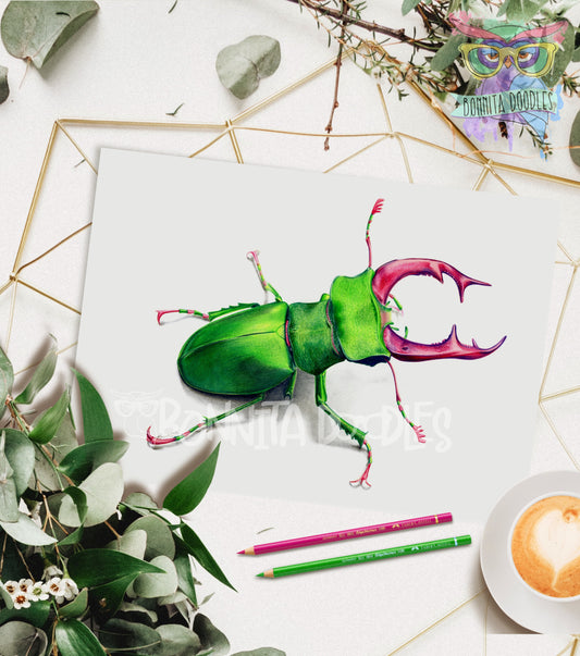 Peridot Stag Beetle - Original drawing - Original art