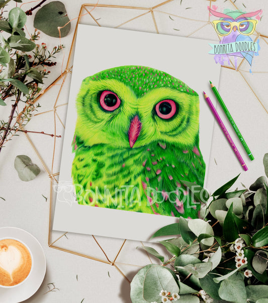 Peridot Mini Owl  - Original drawing - Original art