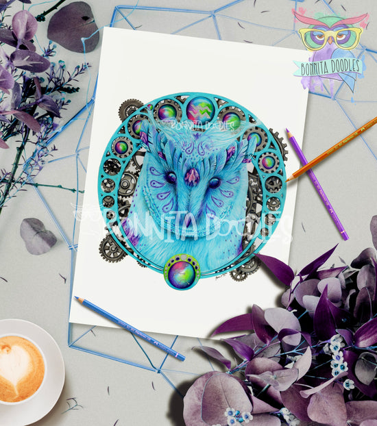 Aquarius art print steampunk owl bonnita doodles