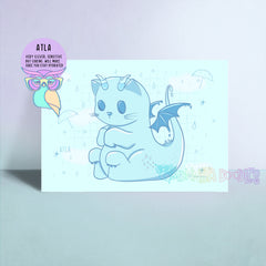 Art print featuring a blue cartoon cat with rain and umbrella line art