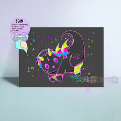 Dratz Beam art print with neon purple and green sci-fi cat, stars and text accents