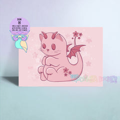 Pink art print featuring a cute cartoon cat with flowers and sparkles