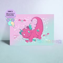 Pink and teal cartoon animal art print with BONNITA logo and lettering in corners