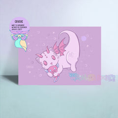 Purple cartoon art print featuring a horned creature floating with bubbles.