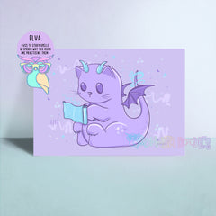Purple cartoon cat art print with turquoise glasses and stars, holding a book.