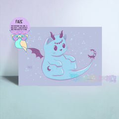 Colorful art print with a purple-and-blue cartoon cat, bat wings, moon, and stars