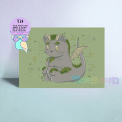 Fern art print featuring a gray cat with green plants on a soft green background