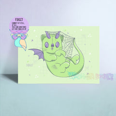Fidget art print featuring a green cartoon dragon with purple horns and web details