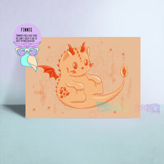 Peach art print with orange dragon cat illustration, flames, and FINNIS text